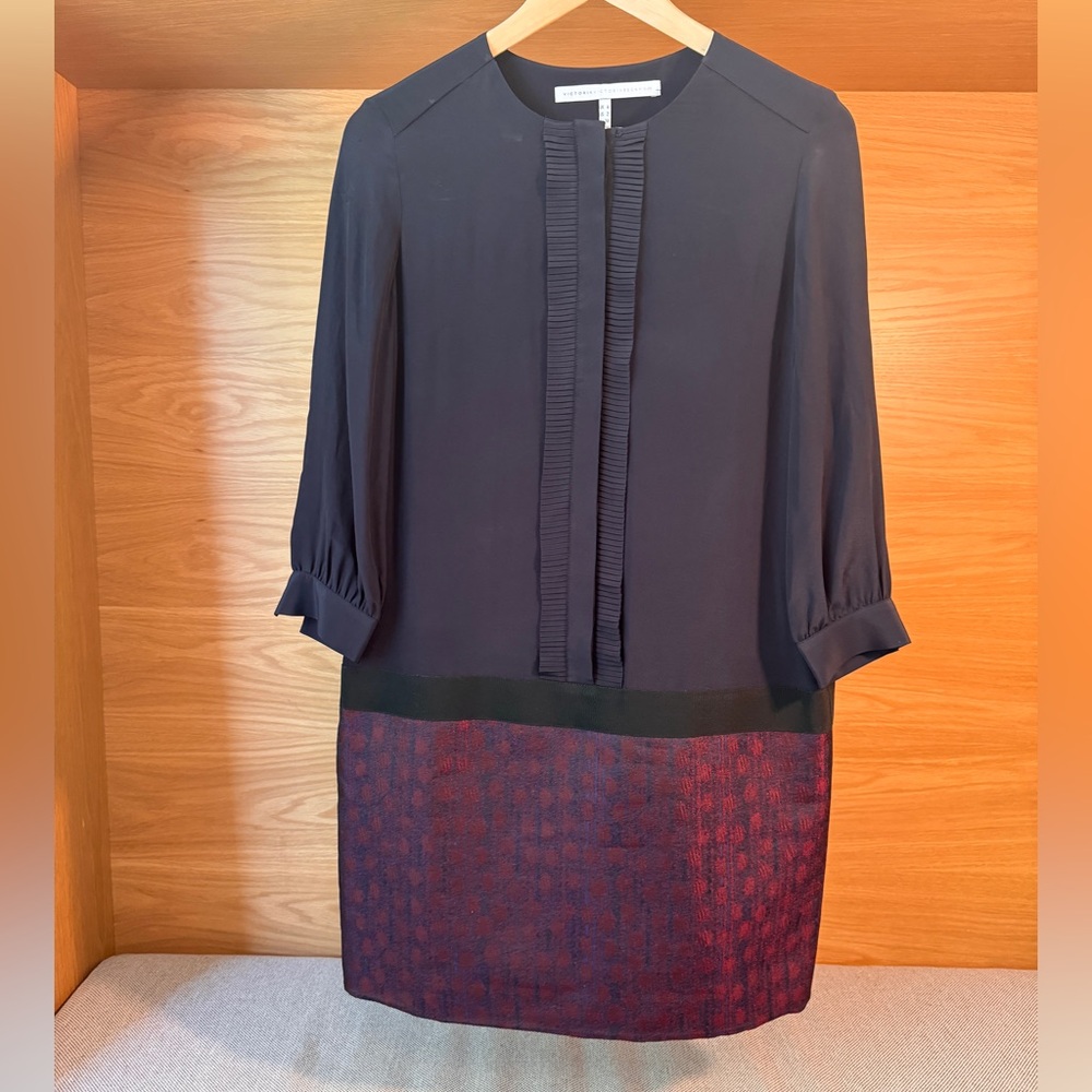 Victoria Beckham Navy Silk Pleated Dress